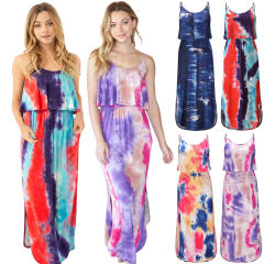 Pink Summer Boho Dress Sexy Tie-dye Sleeveless Long Dress Bohemia Dresses PQLQ067C
