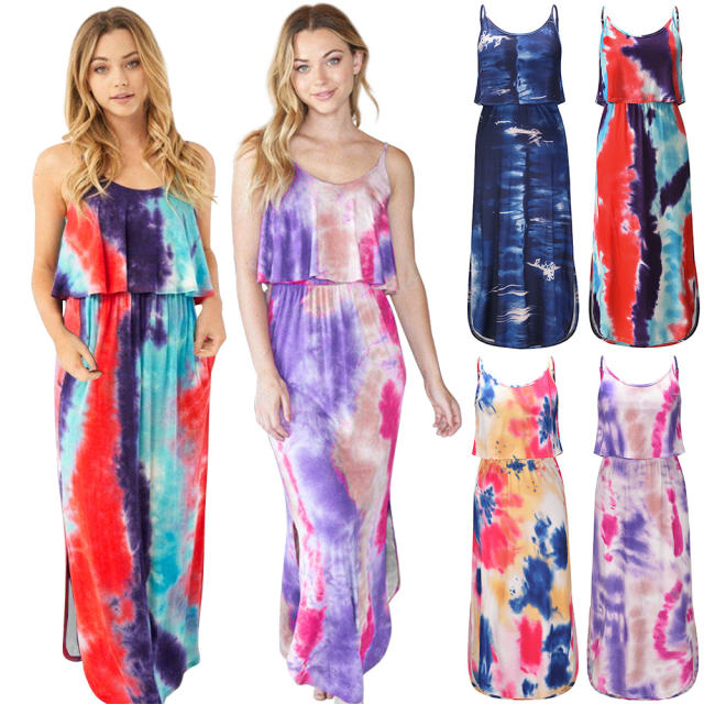 Pink Summer Boho Dress Sexy Tie-dye Sleeveless Long Dress Bohemia Dresses PQLQ067C
