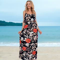 Blue Floral Printed Long Beach Dress Spaghetti Straps Bohemia Dresses PQLQ078C