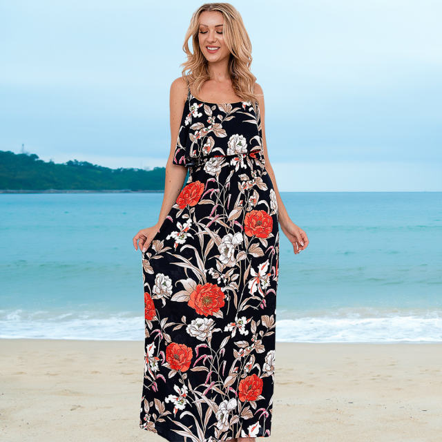 Blue Floral Printed Long Beach Dress Spaghetti Straps Bohemia Dresses PQLQ078C