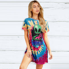 Green Round Neck Casual Dresses Summer Alien Print Women Short Sleeve T-shirt PQLQ057C