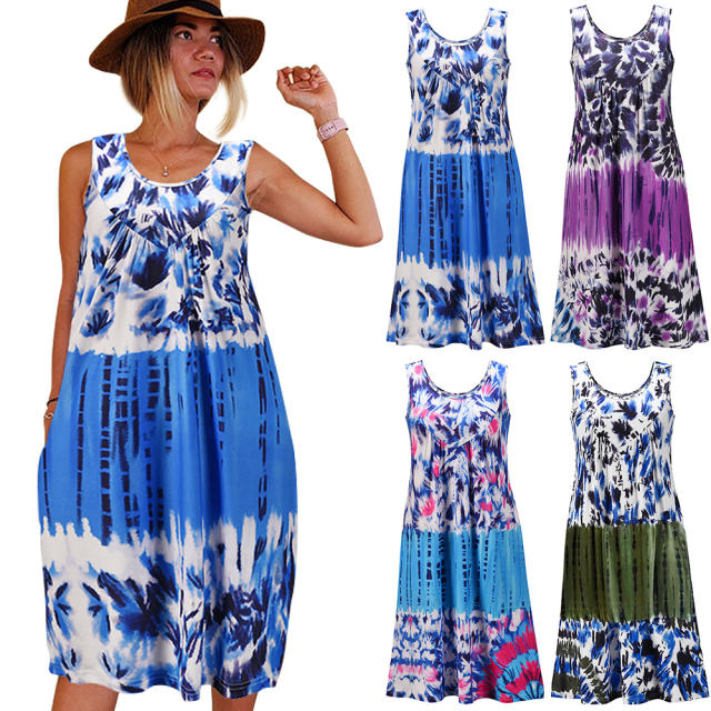 Purple Sleeveless Tie-dye A-line Casual Dresses Summer Midi Dress PQLQ069D