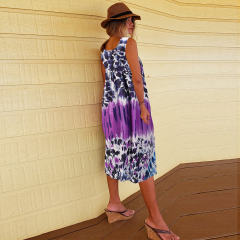 Light Blue Summer Midi Dress Sleeveless Round Neck Tie-dye A-line Casual Dresses PQLQ069A