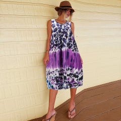 Blue Sleeveless Tie-dye A-line Casual Dresses Summer Midi Dress PQLQ069C