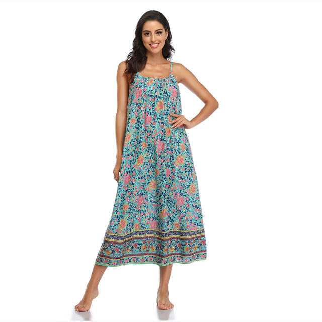 Floral Tie-Dyed Print Long Boho Dresses Sexy Sleeveless Bohemian Dress PQLQ013