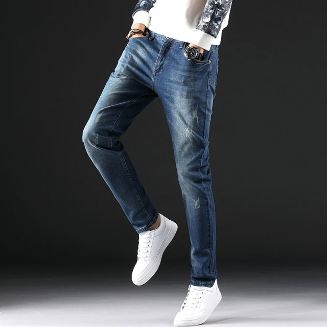 Blue Denim Pants Spring Fashion Jeans Men Casual Ripped Cropped Trousers PQYP839