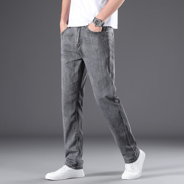 Grey Fashion Plus Size Denim Pants Men Business Jeans Summer Casual Trousers PQ305