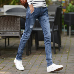 Blue Fashion Patch Washed Jeans Men Denim Pants Casual Ripped Cropped Trousers PQYP840