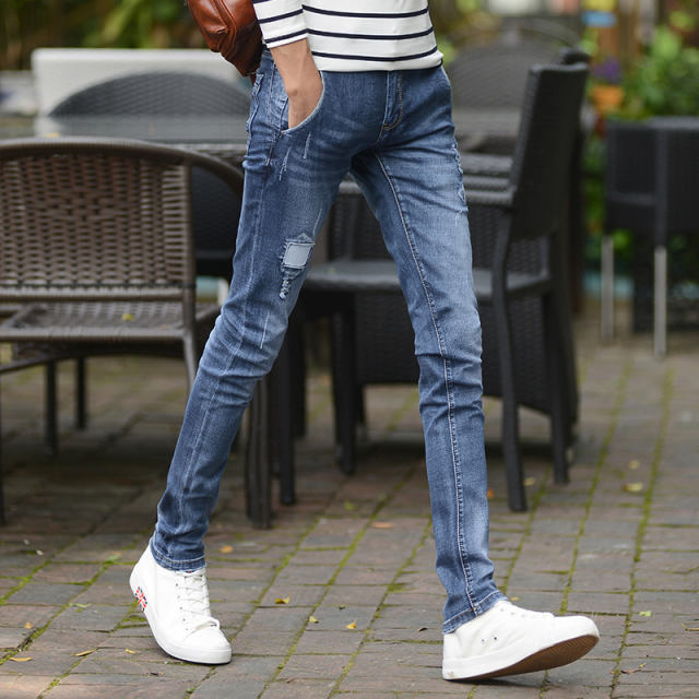 Blue Fashion Patch Washed Jeans Men Denim Pants Casual Ripped Cropped Trousers PQYP840