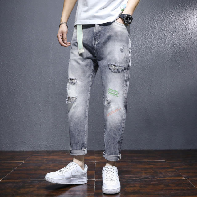 Men's Ripped Jeans Blue Loose Harem Pants Youth Trend Beggar Pants PQ8633A
