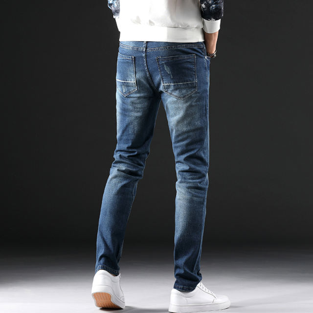 Blue Denim Pants Spring Fashion Jeans Men Casual Ripped Cropped Trousers PQYP839