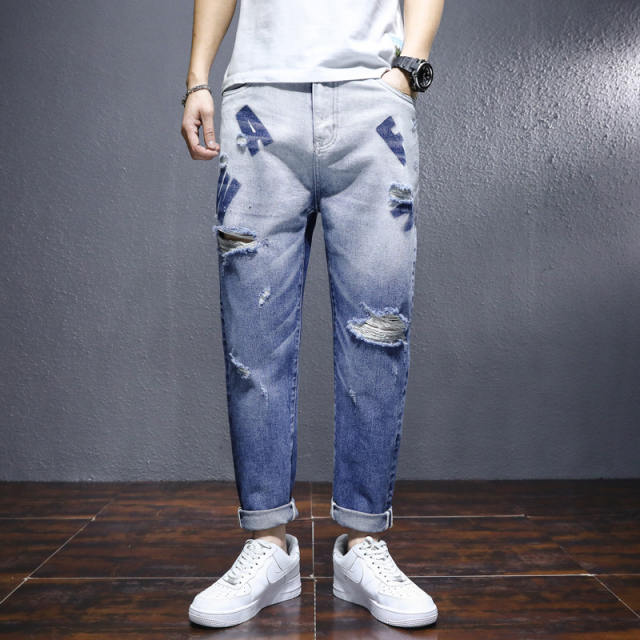 Black Loose Harem Pants Youth Trend Beggar Pants Men's Ripped Jeans PQ8636B