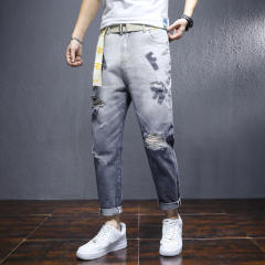 Black Loose Harem Pants Youth Trend Beggar Pants Men's Ripped Jeans PQ8636B