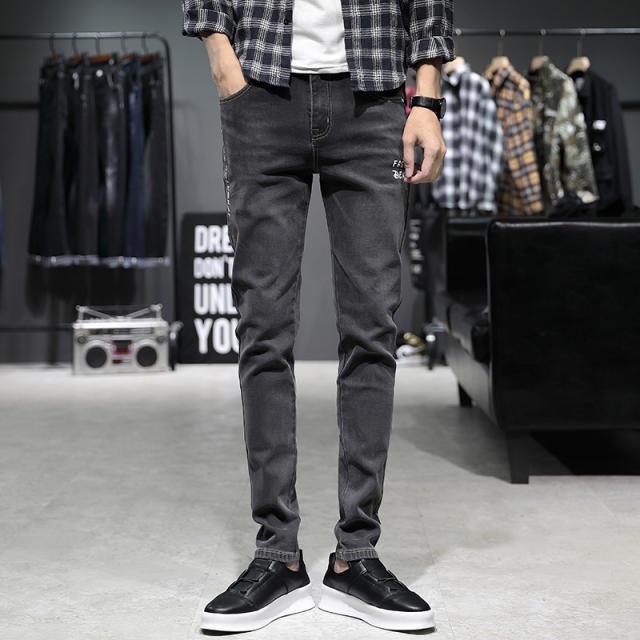 Dark Grey Fashion Letter Print Jeans Men Denim Pants Casual Trousers PQYP2839