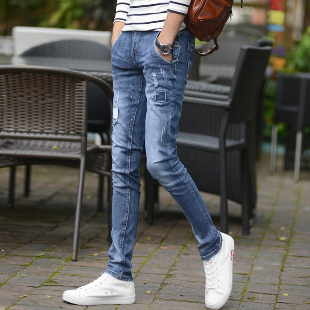 Blue Fashion Patch Washed Jeans Men Denim Pants Casual Ripped Cropped Trousers PQYP840