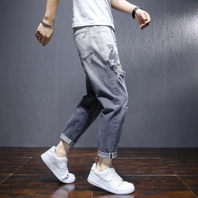 Black Loose Harem Pants Youth Trend Beggar Pants Men's Ripped Jeans PQ8636B