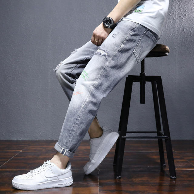 Men's Ripped Jeans Grey Loose Harem Pants Youth Trend Beggar Pants PQ8633B