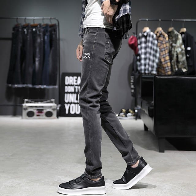 Dark Grey Fashion Letter Print Jeans Men Denim Pants Casual Trousers PQYP2839