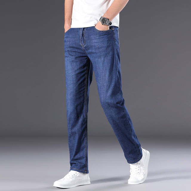 Light Blue Plus Size Denim Pants Men Mature Jeans Summer Casual Trousers PQ301A