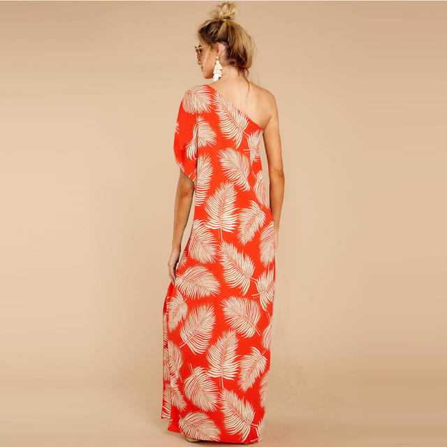 Blue Sexy One-shoulder Floral Boho Dress Digital Print Slit Sexy Dresses PQ2109B
