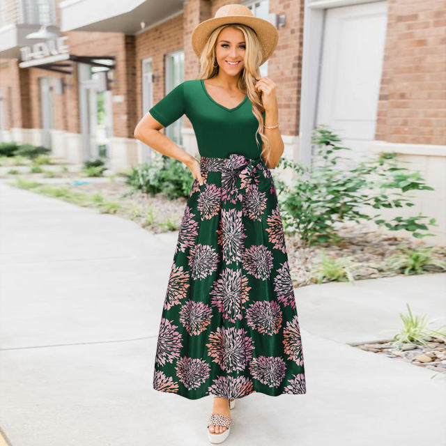 Black Long Bohemia Summer Dress V-neck Short Sleeve Printed Dress PQH2103C [OUT OF STOCK]