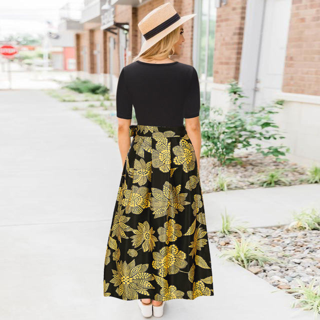 Black Long Bohemia Summer Dress V-neck Short Sleeve Printed Dress PQH2103C [OUT OF STOCK]