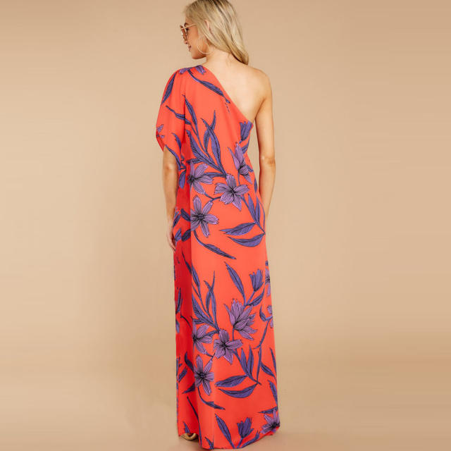 Sexy Digital Print Slit Sexy Dresses One-shoulder Floral Boho Dress PQ2109C