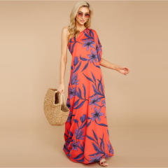 Blue Sexy One-shoulder Floral Boho Dress Digital Print Slit Sexy Dresses PQ2109B