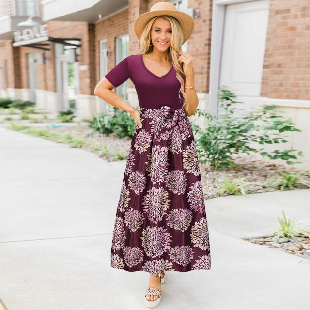 Black Long Bohemia Summer Dress V-neck Short Sleeve Printed Dress PQH2103C [OUT OF STOCK]