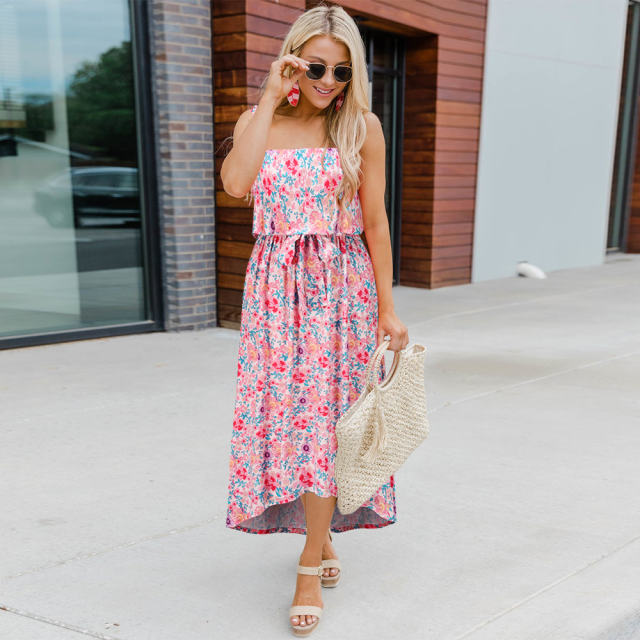 Orange Summer Midi Dresses Women Spaghetti Strap Floral Print Casual Dress PQH2085C [OUT OF STOCK]