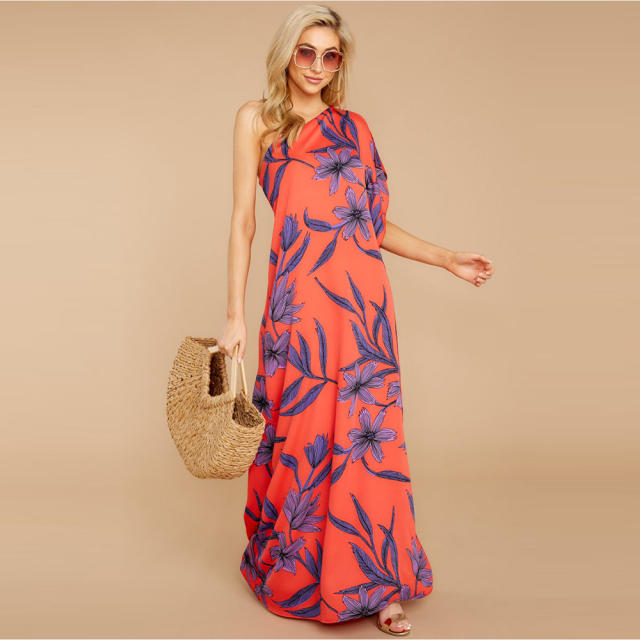 Sexy Digital Print Slit Sexy Dresses One-shoulder Floral Boho Dress PQ2109C