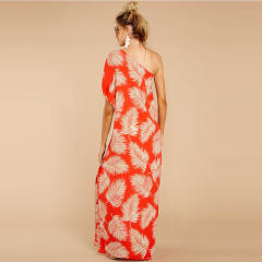 Sexy Digital Print Slit Sexy Dresses One-shoulder Floral Boho Dress PQ2109C