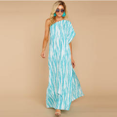 Blue Sexy One-shoulder Floral Boho Dress Digital Print Slit Sexy Dresses PQ2109B