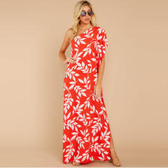 Blue Sexy One-shoulder Floral Boho Dress Digital Print Slit Sexy Dresses PQ2109B