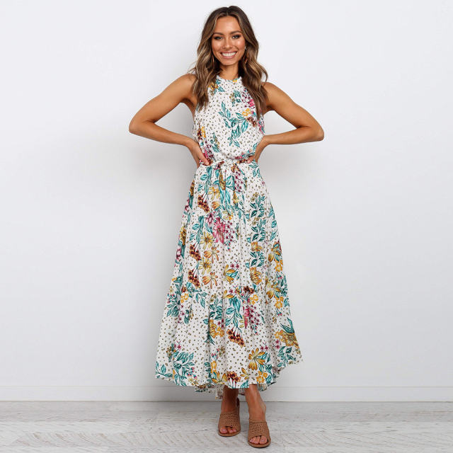 White Summer Fashion Printed Floral Dress Sexy Bohemian Dresses PQH2069A