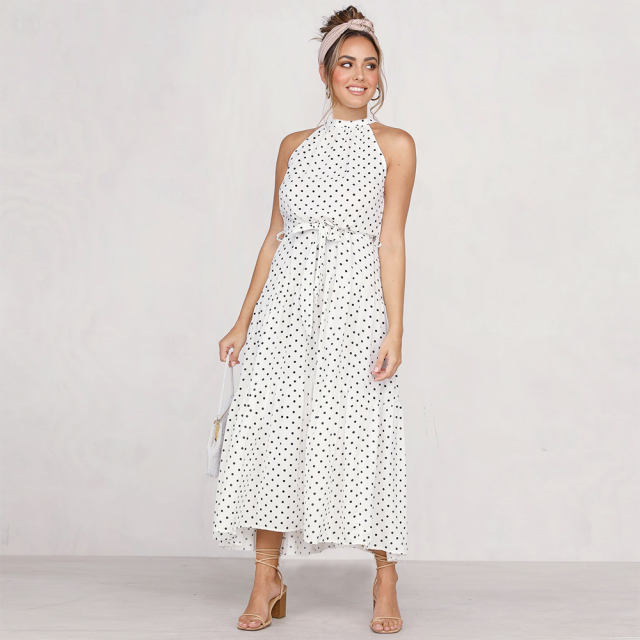 White Summer Fashion Boho Dresses Sexy Sleeveless Polka Dot Dress PQH2032A