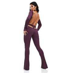 Purple Spring Round Neck Streetwear Backless Slim Jumpsuit PQ20838J