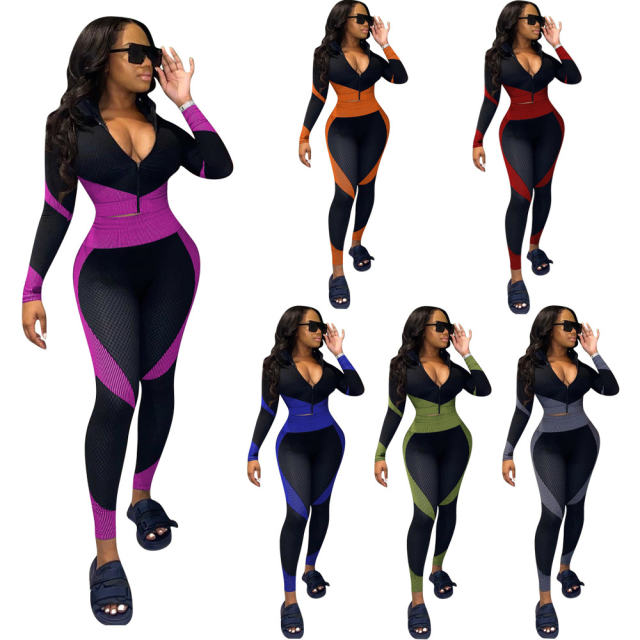 Red Contrast Color Sport Suit Women Fitness Tops with Leggings PQ8220A