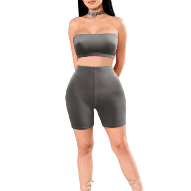 Green Leisure Sport Suits Fitness Running High Stretch Tube Tops with Shorts PQ6088A