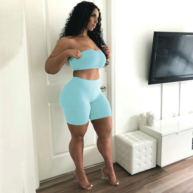 Green Leisure Sport Suits Fitness Running High Stretch Tube Tops with Shorts PQ6088A