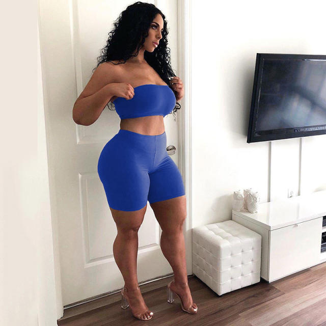 Green Leisure Sport Suits Fitness Running High Stretch Tube Tops with Shorts PQ6088A