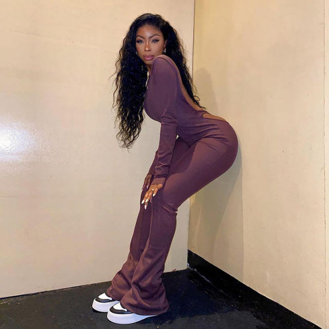 Purple Spring Round Neck Streetwear Backless Slim Jumpsuit PQ20838J