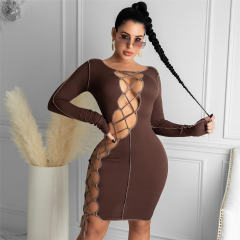 Sexy Long Sleeve Club Dress For Women Lace-up Mini Dresses PQ1289