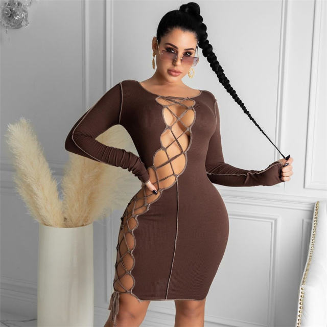 Sexy Long Sleeve Club Dress For Women Lace-up Mini Dresses PQ1289