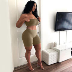 Green Leisure Sport Suits Fitness Running High Stretch Tube Tops with Shorts PQ6088A