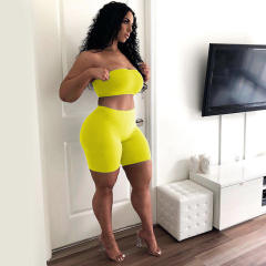 Green Leisure Sport Suits Fitness Running High Stretch Tube Tops with Shorts PQ6088A