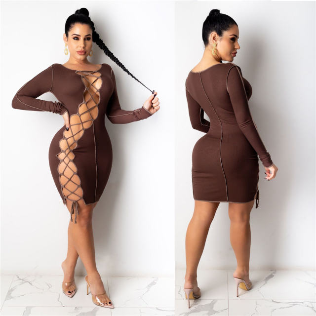 Sexy Long Sleeve Club Dress For Women Lace-up Mini Dresses PQ1289
