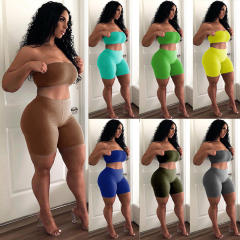 Green Leisure Sport Suits Fitness Running High Stretch Tube Tops with Shorts PQ6088A