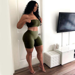 Green Leisure Sport Suits Fitness Running High Stretch Tube Tops with Shorts PQ6088A