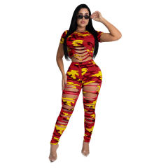 Pink Sexy Hole Camouflage Casual Suits For Women Sport Wear PQ3209A